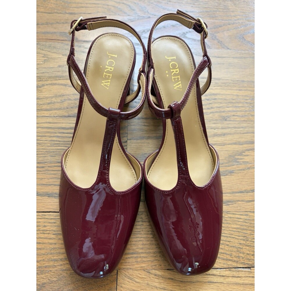J Crew Factory T-strap Block Heel Pump Burgundy Patent Faux Leather 7.5 NEW BOX